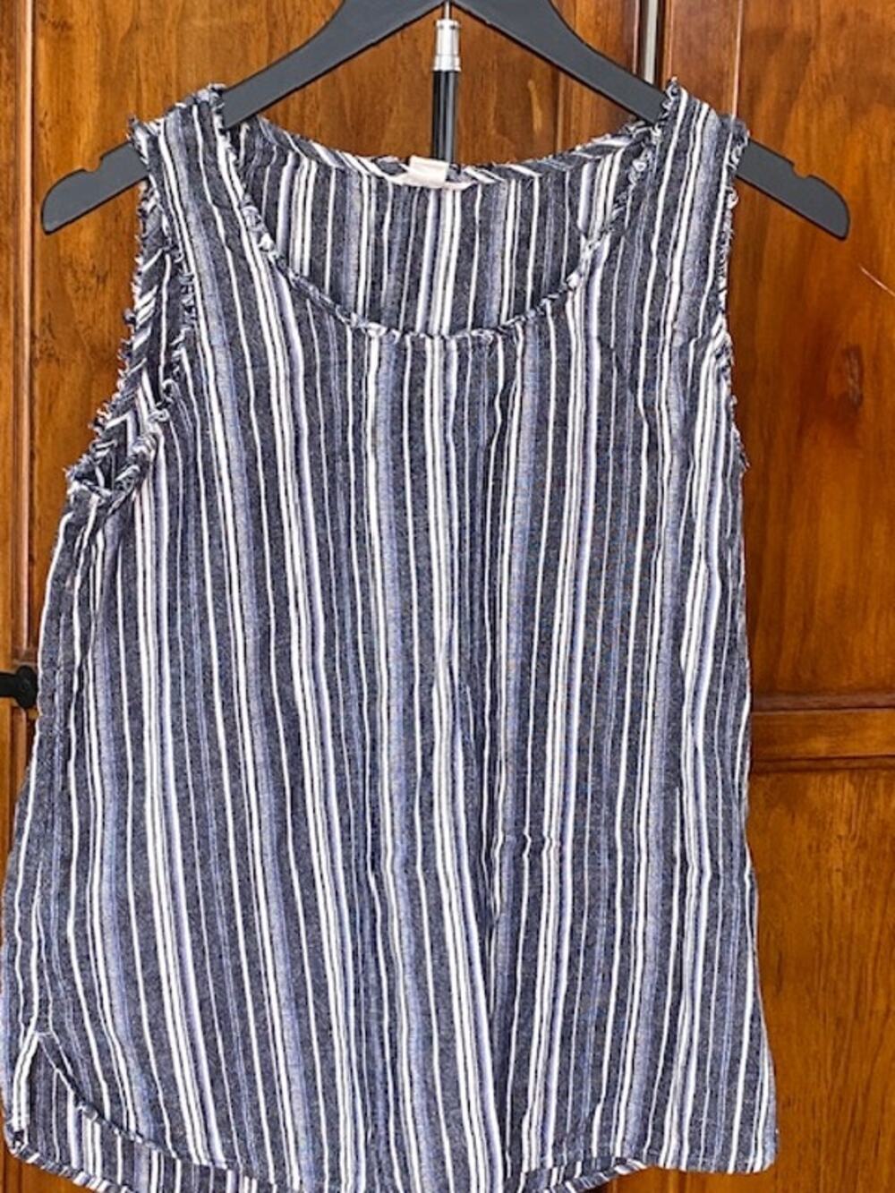 Caslon Striped Linen Rayon Tank Top Sleeveless Blue White Casual Boho Size S